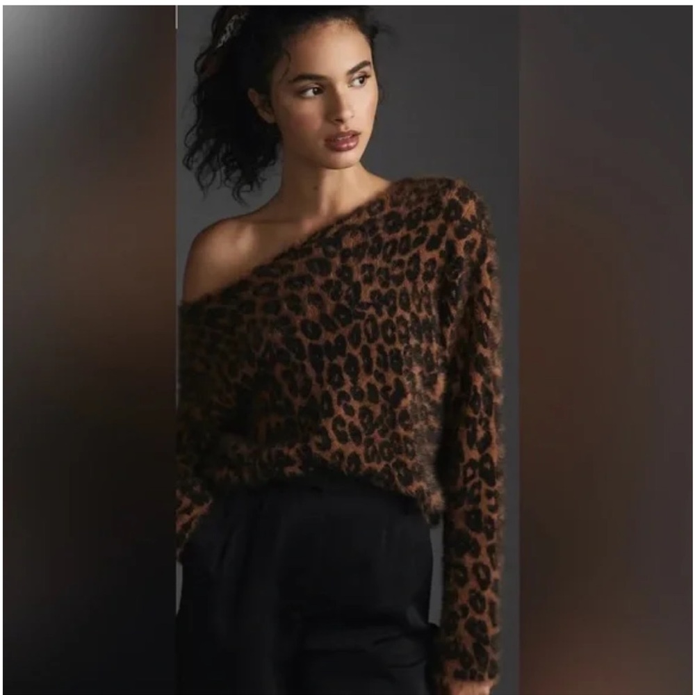 Anthropologie Leopard Print Off-the-Shoulder Sweater